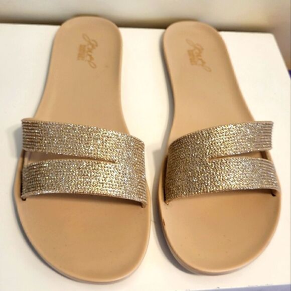 Jewel Badgley Mischka Sparkly Gold/Tan Wide Strap Slide PVC Sandals sz.9/40  $60 - Picture 1 of 10